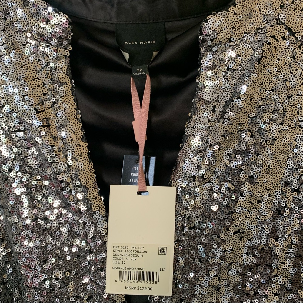 NWT Alex Marie Shimmering Silver Sequin V-Neck Long Sleeve Tie Waist Mini Dress - Picture 3 of 8